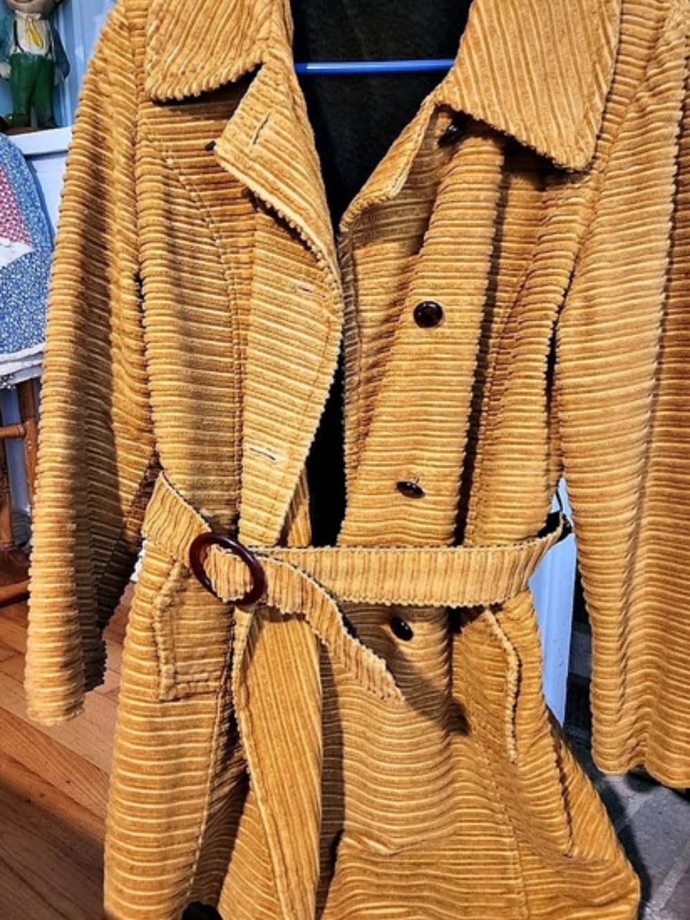 Vintage Courduroy Belted  Coat in Yellow Gold 70's Chic
